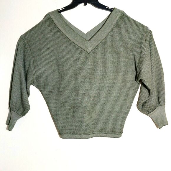 Seven7 Women's Oversized Drop-Shoulder Waffle Cotton  Top Heathered Grey-Olive - Picture 2 of 10